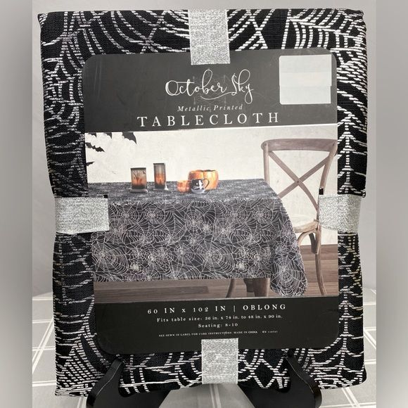 Halloween Tablecloth Silver Metallic Printed Spider Webs Black Fabric 60” x 102” - Picture 1 of 4